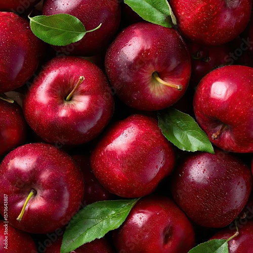 A close-up overhead shot of numerous shiny, dark red apples nestled together, interspersed with vibrant green leaves