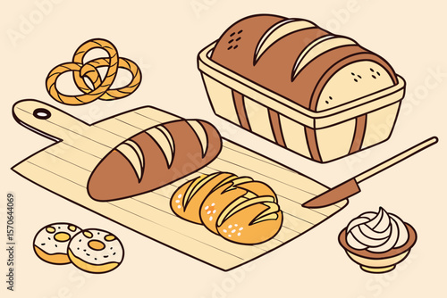  bread, buns, pretzels, croissant, rolls, baguette, pastries, loaf of bread, sliced bread