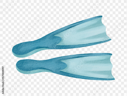Pair of blue swim flippers in watercolor style, perfect for summer, pool or sea themes.