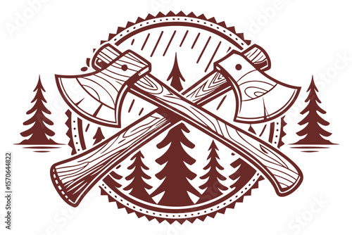   lumberjack logo, vintage lumberjack logo, lumberjack insignia, crossed axes, wood grain background, retro style, red and brown color palette, classic lumberjack emblem, detailed illustration