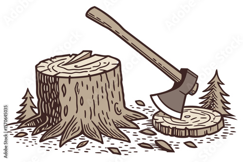 wooden log, wood chipper, tree stump, axe, wood shavings
