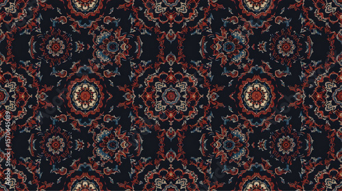 Seamless Indonesian batik pattern with intricate mandala-style floral motifs in rich red, blue, and black tones. The design blends traditional cultural elements with elegant symmetry and detailed