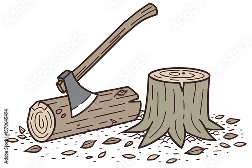 wooden log, wood chipper, tree stump, axe, wood shavings