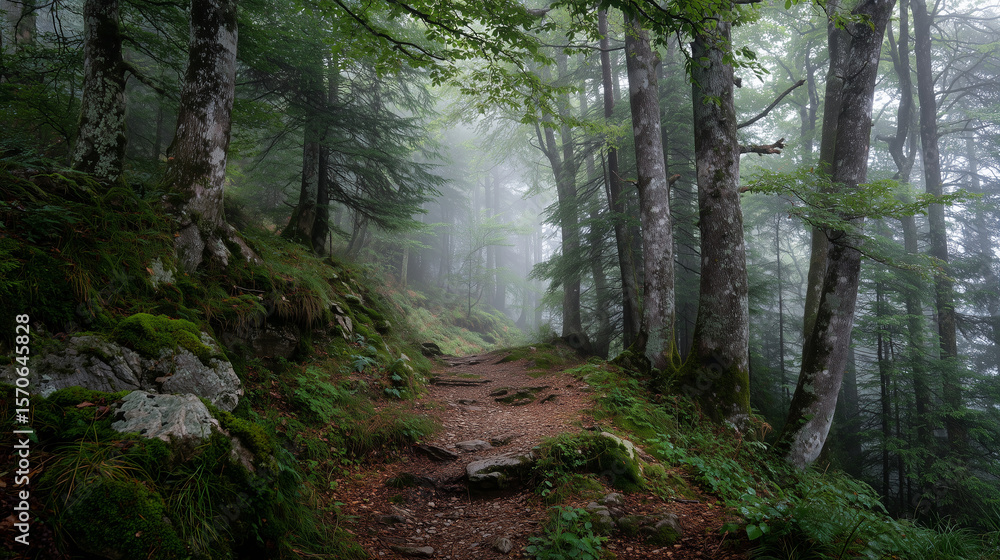 Fototapeta premium A realism scene featuring a quiet forest trail with morning mist