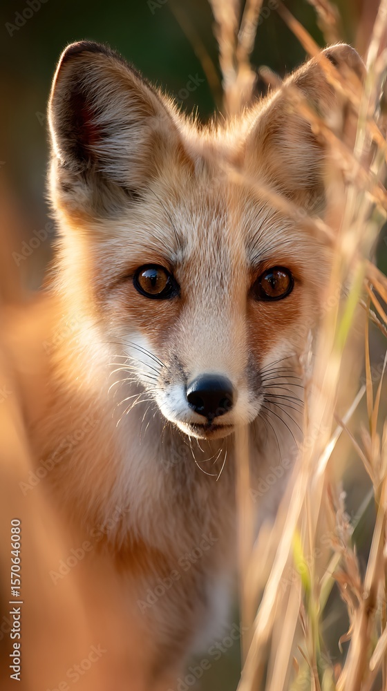 Obraz premium A red fox peers from tall suburban grass, eyes wide with curiosity. Background blurs into golden summer light. This isna??t just wildlife nature watching us , wild in city , and mystery in daylight .