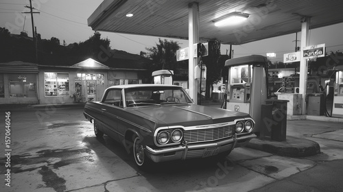 A realism scene featuring a vintage car parked in front of a gas station in the 60s