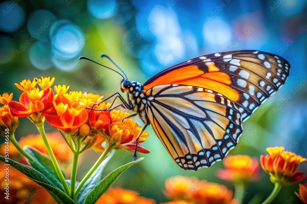 Fototapeta premium Long exposure captures a vibrant monarch butterfly's ethereal dance atop a bright orange flower.