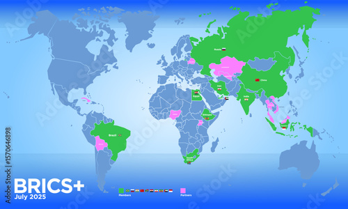 BRICS countries map July 2025 with new members and partners, international economic organization, vector illustration