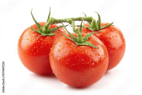 Wallpaper Mural A vibrant image showcasing three ripe tomatoes still on the vine with water droplets on a white background Torontodigital.ca