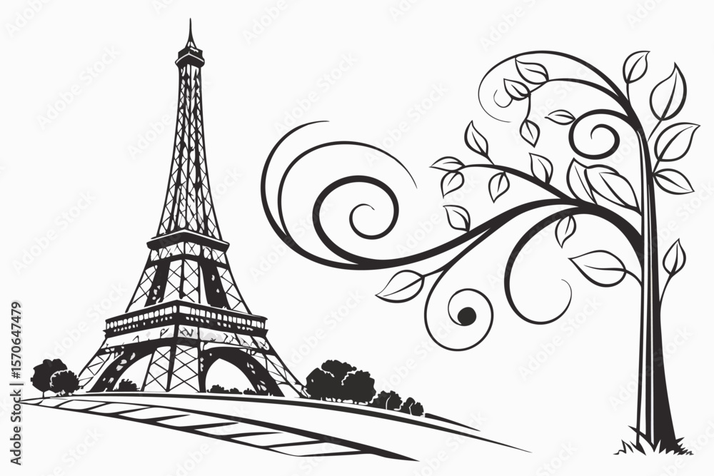 Obraz premium eiffel tower, ornate metal structure, detailed architectural design, french landmark, paris skyline, silhouette, simple yet elegant, black and white,