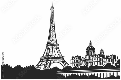   eiffel tower, ornate metal structure, detailed architectural design, french landmark, paris skyline, silhouette, simple yet elegant, black and white,