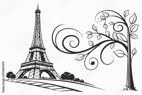   eiffel tower, ornate metal structure, detailed architectural design, french landmark, paris skyline, silhouette, simple yet elegant, black and white,