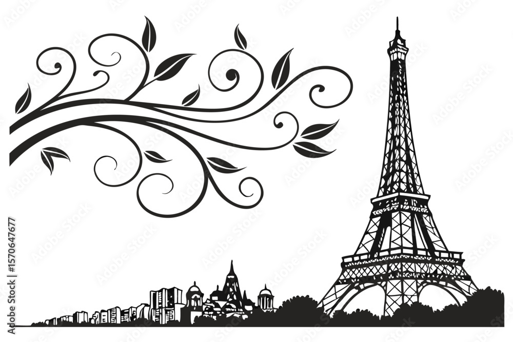 Obraz premium eiffel tower, ornate metal structure, detailed architectural design, french landmark, paris skyline, silhouette, simple yet elegant, black and white,