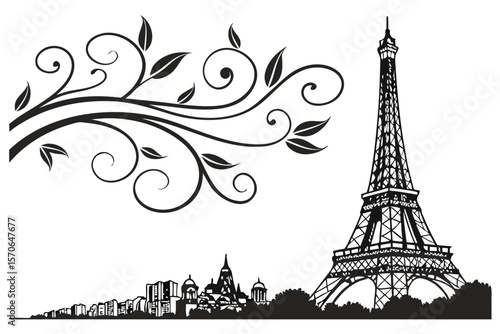  eiffel tower, ornate metal structure, detailed architectural design, french landmark, paris skyline, silhouette, simple yet elegant, black and white,