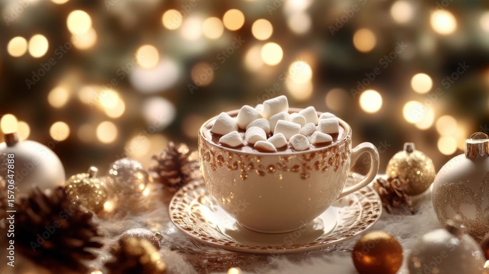 Fototapeta premium Enjoying A Cup Of Warm Chocolate With Marshmallows In Winter Season And Christmas Theme