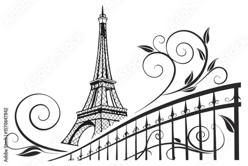   eiffel tower, ornate metal structure, detailed architectural design, french landmark, paris skyline, silhouette, simple yet elegant, black and white,