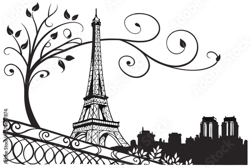   eiffel tower, ornate metal structure, detailed architectural design, french landmark, paris skyline, silhouette, simple yet elegant, black and white,
