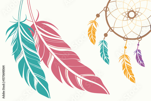  colorful feathers, dreamcatcher, boho chic, gold framing, abstract, vibrant, ethereal, soft focus, digital art