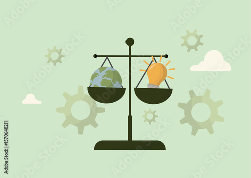 Environmental Balance Scale with Earth and lightbulb symbolizing renewable energy. Environmental equilibrium concept. Flat style. Earth day. Energy power. Clean electric energy. Vector illustration