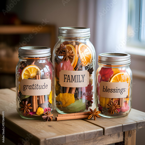 Jars filled with dried fruits and spices symbolizing love, happiness, and connection in a cozy home setting Generative AI