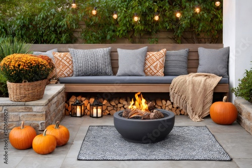 Fototapeta Naklejka Na Ścianę i Meble -  Fire pit creating cozy ambiance in autumn garden