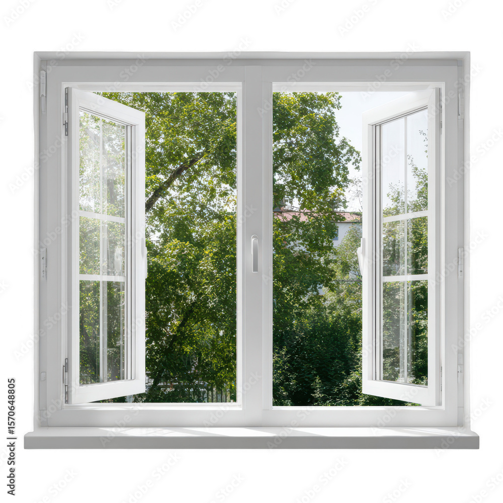 Obraz premium White window, open, looking out to trees