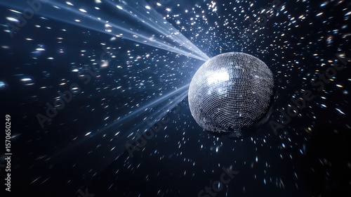 Disco ball casting dynamic light patterns, metallic reflections in a vibrant dance atmosphere
