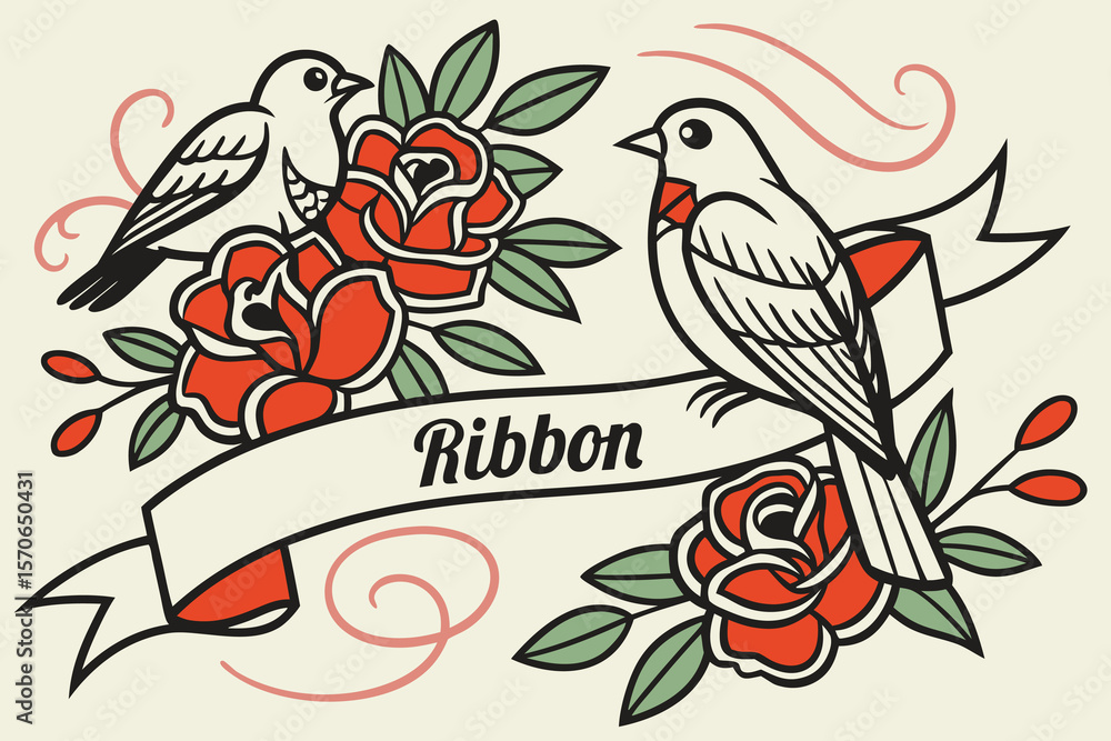 Obraz premium birds,roses,ribbon,banner,illustration,traditional tattoo style,ornate,detailed,colorful,vibrant