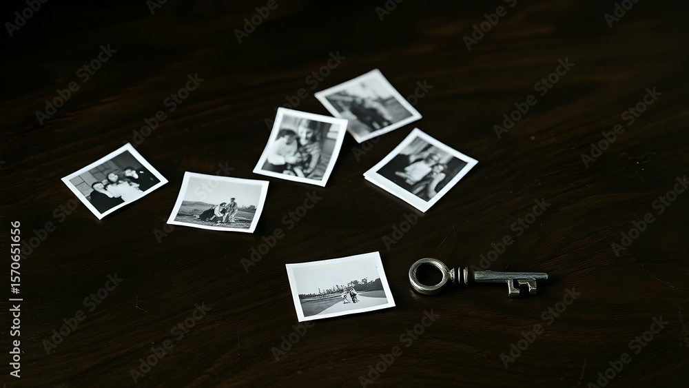 Obraz premium 흑백 즉석사진과 열쇠an instant black-and-white photo and a key