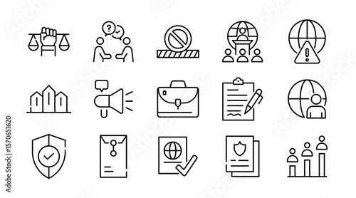 Diplomacy linear icon set. Political dialogue, law, politics, peace, alliance, foreign policy, government, summit, international relations, diplomatic, debate, vector icon set. UI thin line icon pack