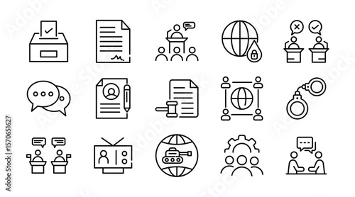 Diplomacy linear icon set. Political dialogue, law, politics, peace, alliance, foreign policy, government, summit, international relations, diplomatic, debate, vector icon set. UI thin line icon pack