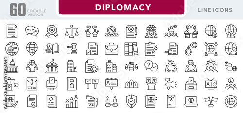 Diplomacy linear icon set. Political dialogue, law, politics, peace, alliance, foreign policy, government, summit, international relations, diplomatic, debate, vector icon set. UI thin line icon pack