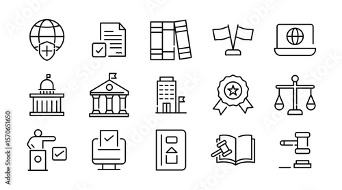 Diplomacy linear icon set. Political dialogue, law, politics, peace, alliance, foreign policy, government, summit, international relations, diplomatic, debate, vector icon set. UI thin line icon pack