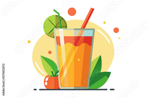 Download this vibrant and refreshing orange juice vector illustration featuring a tall glass filled with bright orange juice and garnished with a lemon slice.