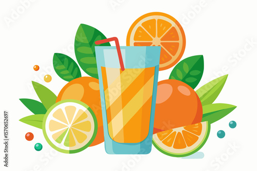 Download this vibrant and refreshing orange juice vector illustration featuring a tall glass filled with bright orange juice and garnished with a lemon slice.