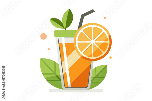 Download this vibrant and refreshing orange juice vector illustration featuring a tall glass filled with bright orange juice and garnished with a lemon slice.