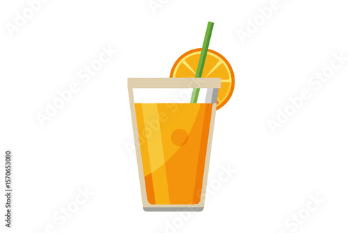 Download this vibrant and refreshing orange juice vector illustration featuring a tall glass filled with bright orange juice and garnished with a lemon slice.