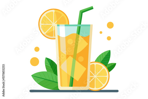 Download this vibrant and refreshing orange juice vector illustration featuring a tall glass filled with bright orange juice and garnished with a lemon slice.