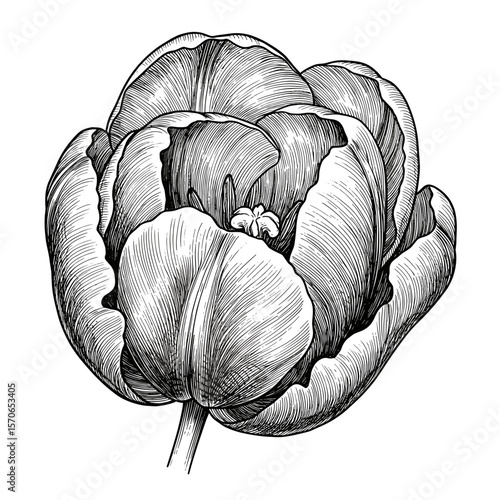 Black and White Scientific Line Drawing of Tulip – Intricate Ink Illustration with Hatching and Stippling on White Background