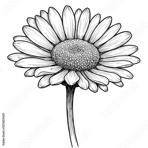 Black and white line drawing of a daisy in vintage scientific engraving style, intricate ink illustration, clean white background