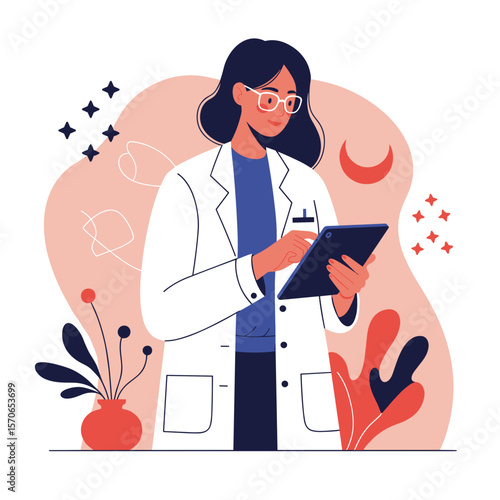 Woman in lab coat holding tablet in stylish flat vector illustration with vivid saturated colors and dynamic shapes on clean background