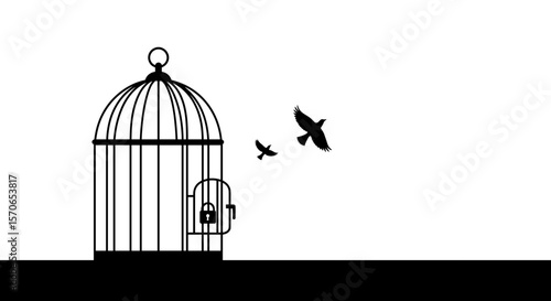 Silhouette of bird flying away from open cage with broken lock in minimalist vector illustration using clean lines and symbolic simplicity against vast open sky 