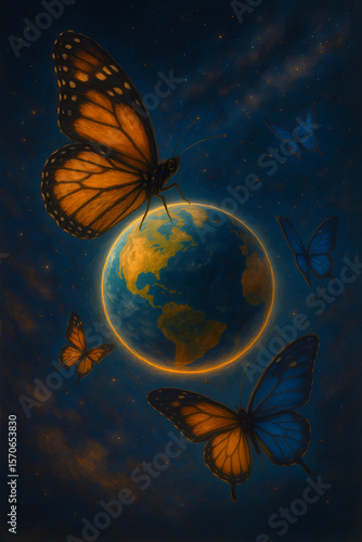 Butterflies Orbiting Earth in Outer Space