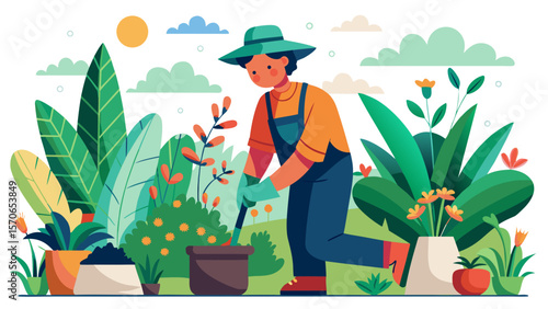 Vector illustration of a gardener is planting flowers in the garden on a sunny day