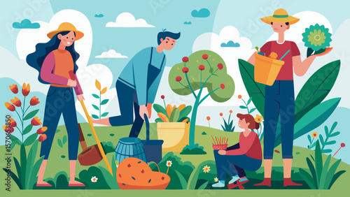 Vector illustration of people are gardening together in a garden with plants and flowers