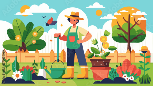 Vector illustration of a gardener is working in the garden with plants and flowers