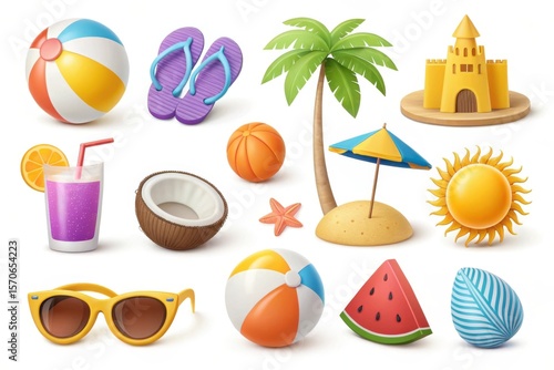 Vibrant collection of summer beach icons featuring tropical elements and fun activities