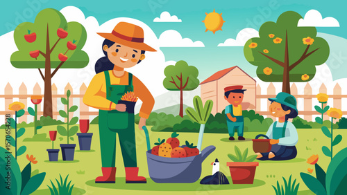 Vector illustration of happy family gardening together in the backyard on a sunny day