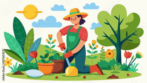 Vector illustration of a woman is gardening in the garden with flowers and plants