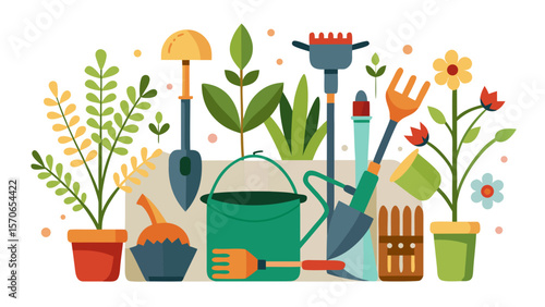 Vector illustration of various gardening tools and plants isolated on white background